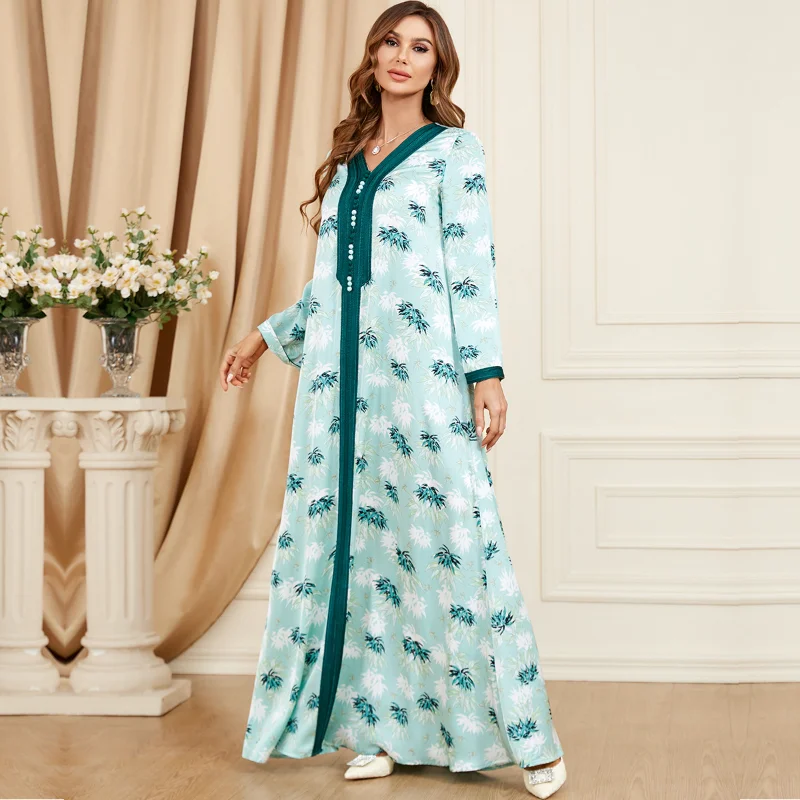 2023 Spring Summer Muslim Women V-neck Long Sleeve Polyester Printing Green Light Blue Long Dress Muslim Fashion Abaya