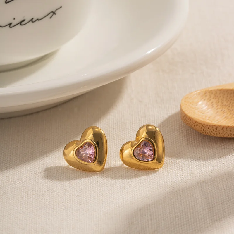 

Minar Romantic Pink CZ Cubic Zirconia Love Heart Stud Earrings for Women 18K Gold Plated Titanium Steel Statement Earring 2023