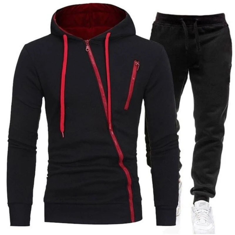 Men's Hoodies Tracksuits Tops And Pants 2 Pieces Diagonal Zipper Long Trousers Casual Style Solide Color Streetwear