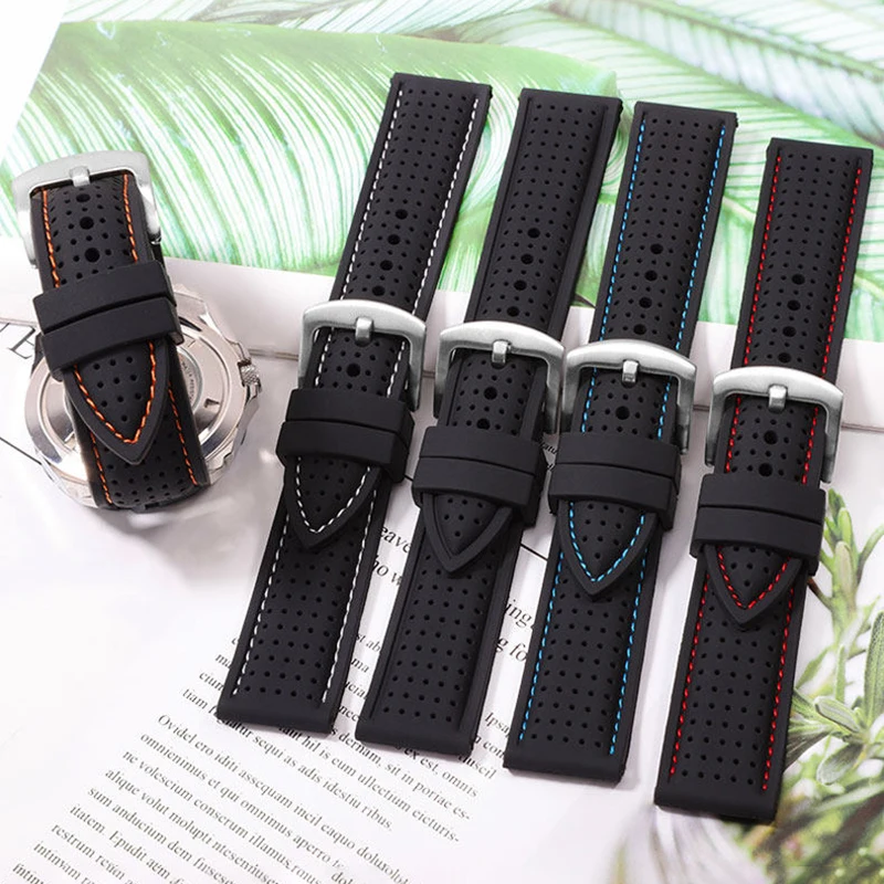Фото Дышащий силиконовый ремешок для часов Casio Mido Huawei Citizen Tissot Seiko, резиновый ремешок для часов, мужской ремешок 18 мм, 20 мм, 22 мм, 24 мм №1