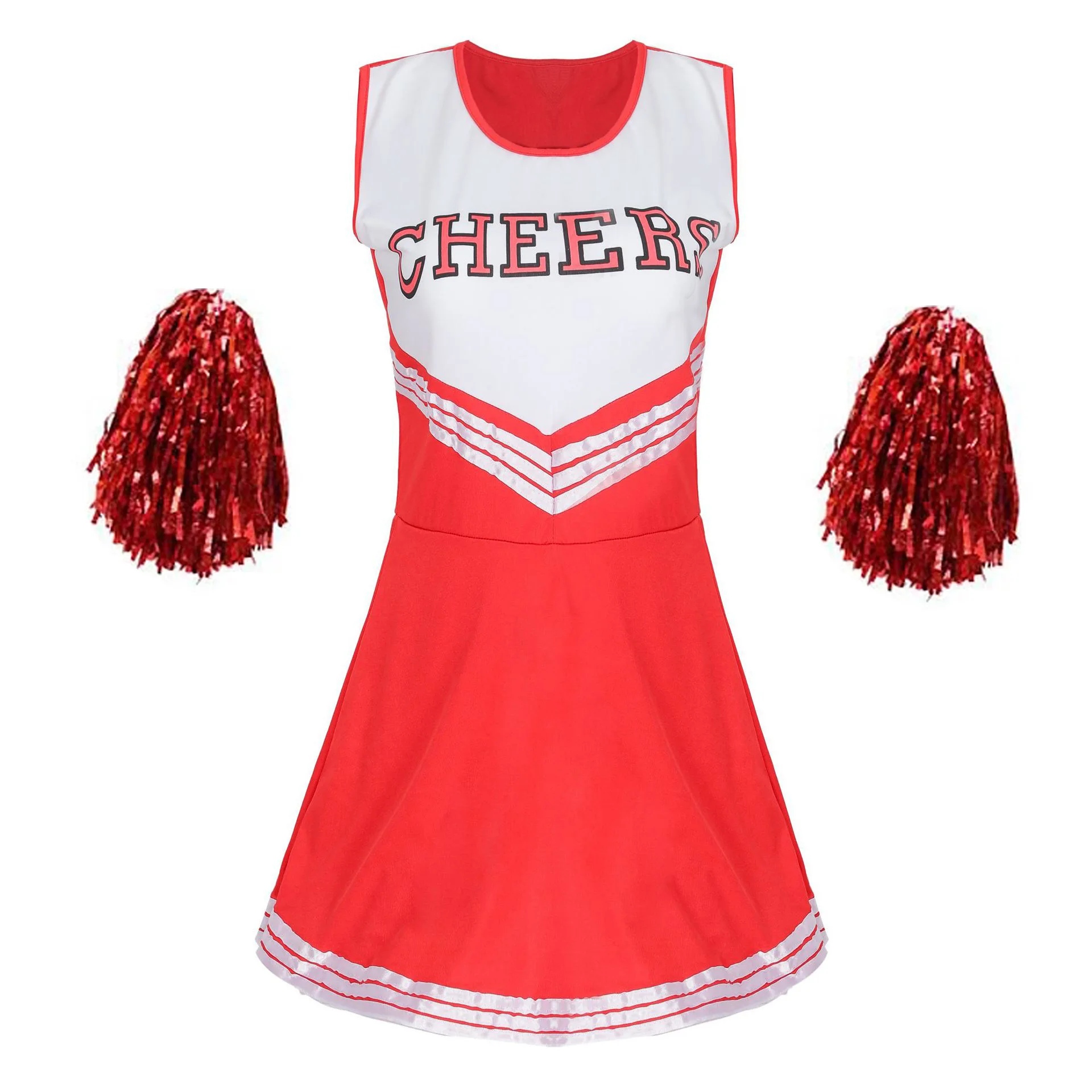 Cheerleader Stage Performance Red Dress+Pompoms Cheerleading Costumes Adult High School Cheer Uniform Girl Dancing Show