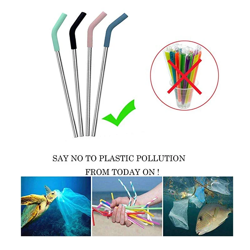 Многоразовый набор из 4 трубок нержавеющей стали с безопасным силиконовым гибким