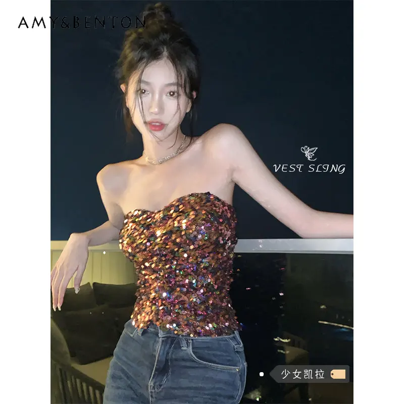 

Сексуальный Лидер продаж, топ с блестками для девушек, майка для женщин, Весенняя Новая внутренняя одежда, верхняя одежда, короткий топ, женские модные топы на бретельках для дам