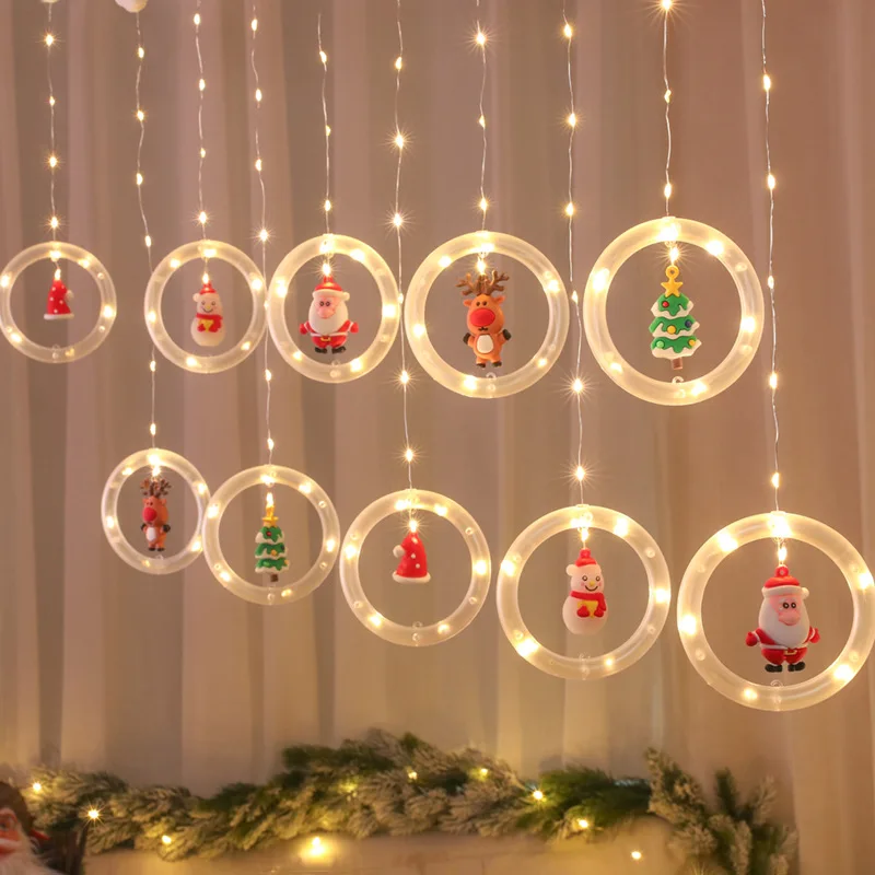 Hang 10pcs Christmas Round Curtain LED Light String Fairy Lights Christmas Garland Bedroom Wedding Holiday Decoration Home Decor