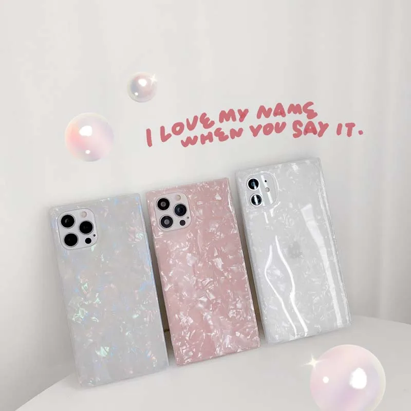 

Luxury Square Shell Pattern Phone Case For iPhone 12 11 13 Pro Max XR XS X 8 7 Plus Soft IMD Silicone Cover For iPhone 11 12 Pro