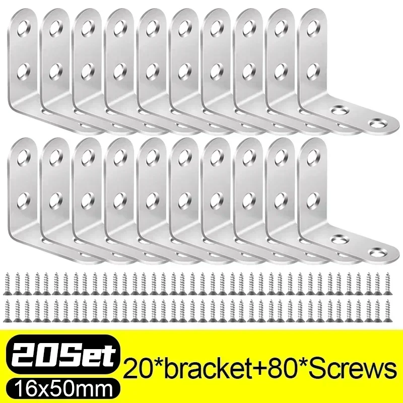 

20/1 комплект, L-образные угловые кронштейны из нержавеющей стали, 90-градусный прямоугольный кронштейн, крепежные детали для соединителей шкафа для деревянной мебели