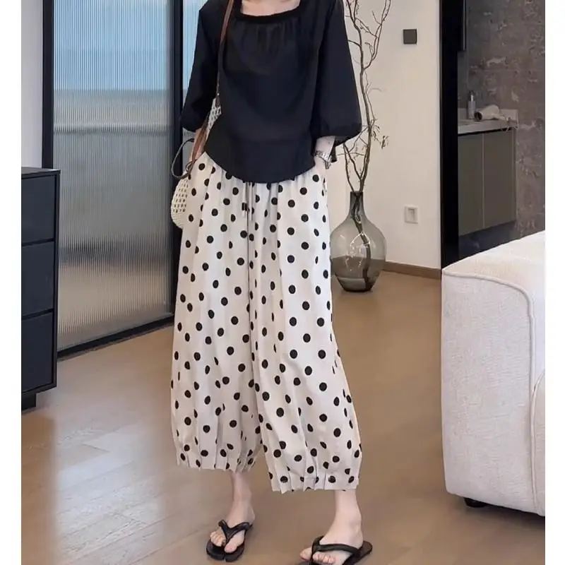 Женские брюки в горошек из ледяного шелка Новинка лета 2024 эластичные свободные