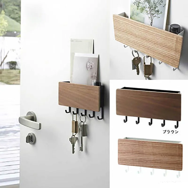 

Key Rack Japanese-style Creative Punch-free Porch Metal Wall Hanging Hook Multifunctional Solid Wood Storage Shelf D36