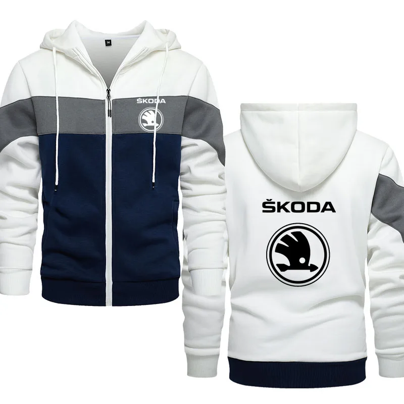 

Fashion Spring Autumn Fleece Cotton Men's Hoodies coat Skoda car logo print Male Stitching contrast color Men's zip Sweatshirt