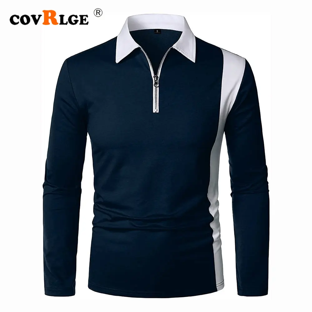 

Covrlge Spring Autumn Men's Shirt Long Sleeve Patchwork Fashion Zipper Lapel PoloShirt Top 2-color Splicing Striped Male MTP218