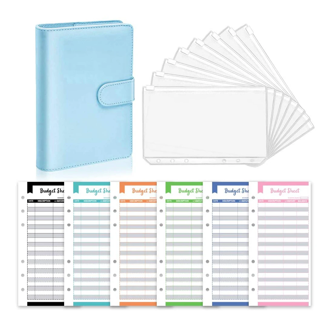 

21 Piece A6 PU Refillable Notebook Binder Cover with 8pcs PVC Zipper Envelopes Pockets and 12pcs Budget Sheets for Bill Planner