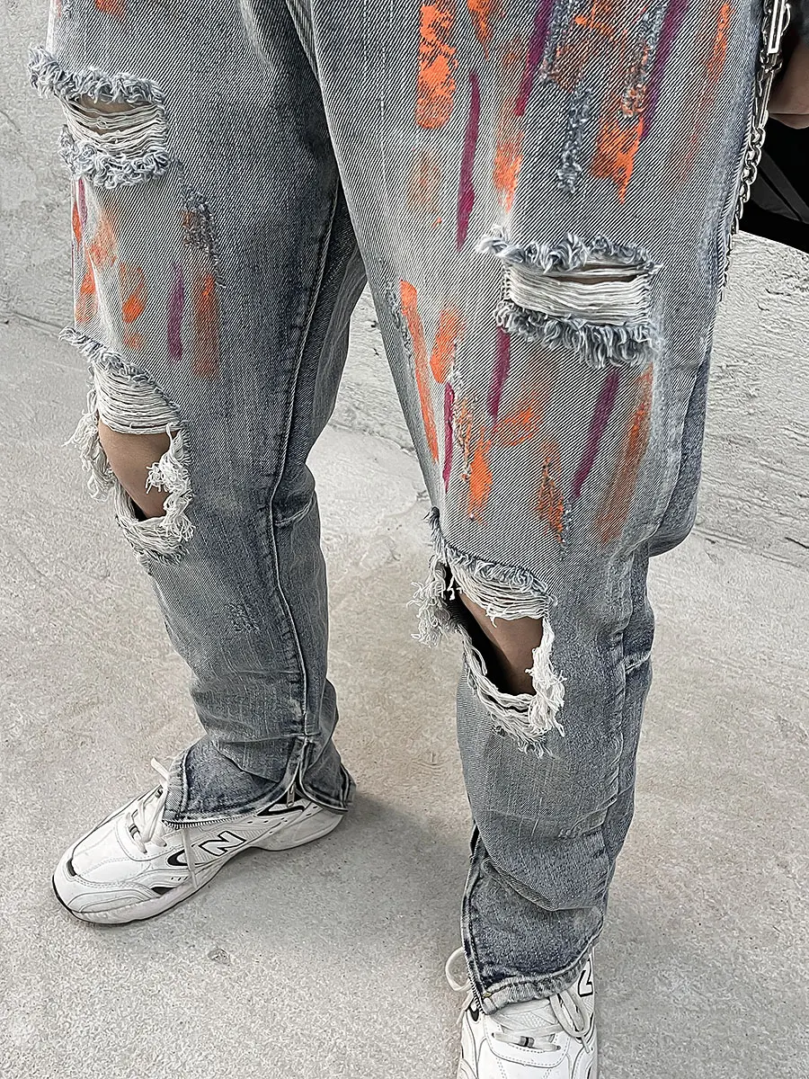 Four Seasons Men's Jeans High Street Tide Brand Ripped Jeans Men's Fashion Hip Hop Slim Small Feet Graffiti Pants Ins Hot Sale