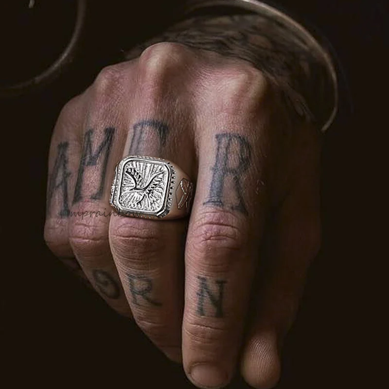

Eagle Square Signet Ring for Men,Winged Eagle Men Jewelry,Wild Bird Ring,Stainless Steel Mens Rings, Pinky Signet Rings for Men