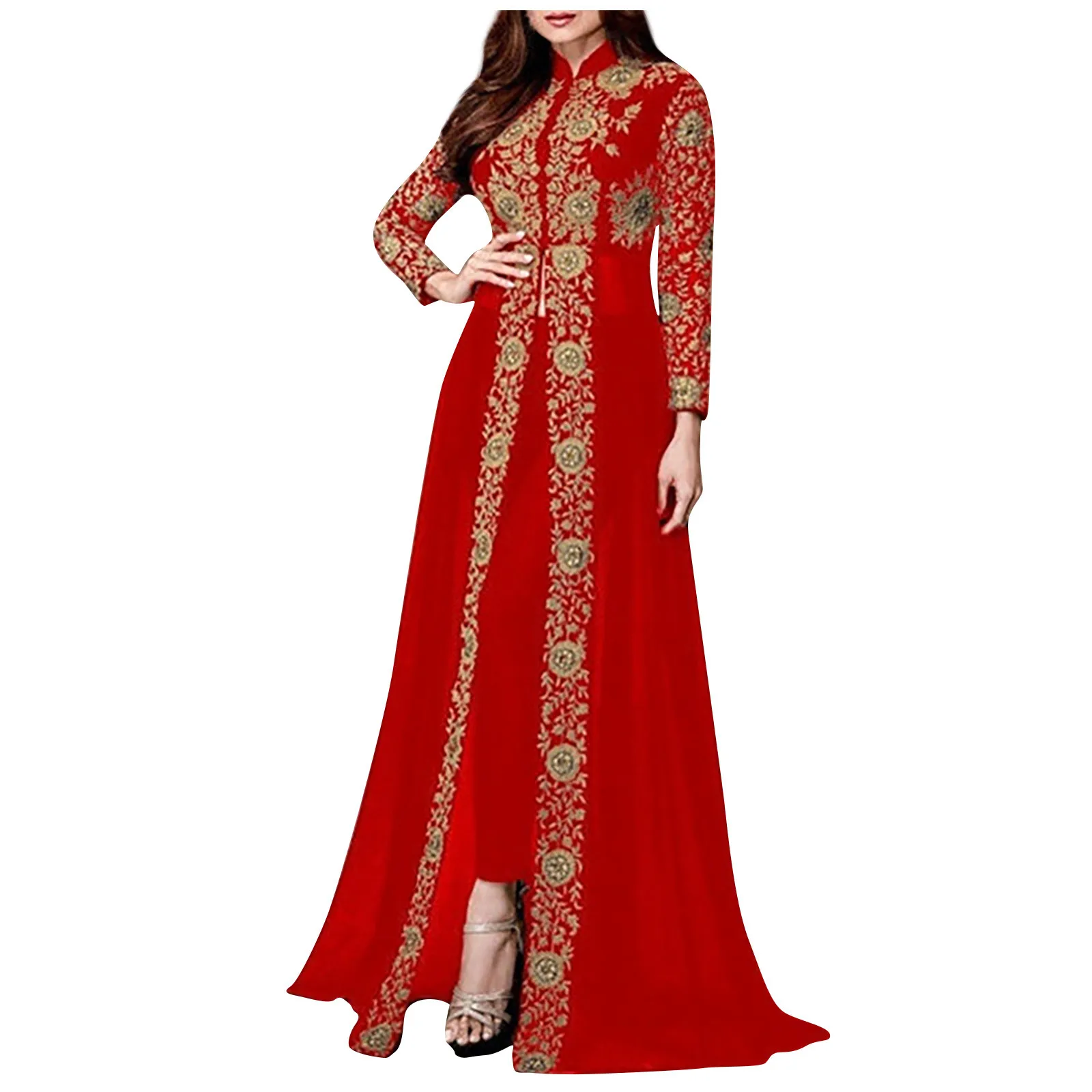 

Женское модное кружевное шифоновое платье с воротником-стойкой в винтажном стиле с длинным рукавом и кружевной вставкой на талии длинное платье