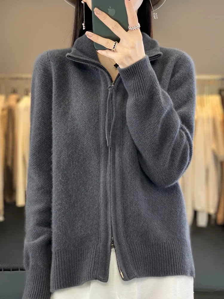 Женский кардиган из 100% мериносовой шерсти с воротником-стойкой