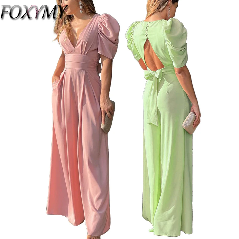 

Women V Neckl Jumpsuits 2022 Summer Backless Wide Leg Overalls Casual Solid Short Sleeve Slim Elegant Rompers