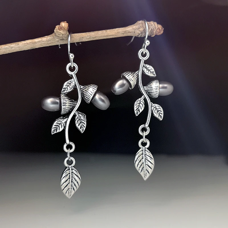 

Vintage Boho Plant Leaves Gray Pearl Earrings Women Jewelry Vines Metal Antique Silver Color Statement Earrings Gift