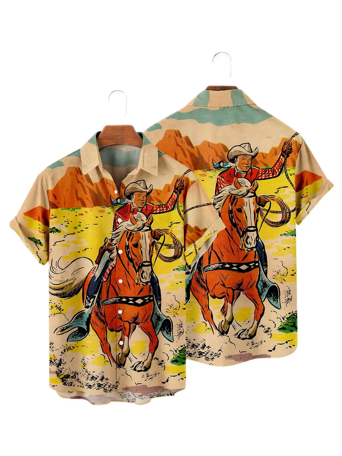 Hawaiian Cowboy Men's Shirt Cool 3D Digital Print Plus Size Western America Men's Top With Pocket Vintage Style Summer Outerwear