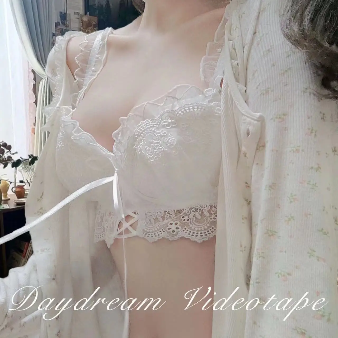Lace bra and panty sets champagne Japanese gathered lace mesh sexy bra set women's underwear cute fairy cute lingerie lolita