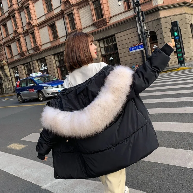 Fashion Winter Outerwear Ladies Cotton Hooded Jacket Loose Women Parka Long Sleeve Red Overcoat Faux Fur Collar Coat Plus Size