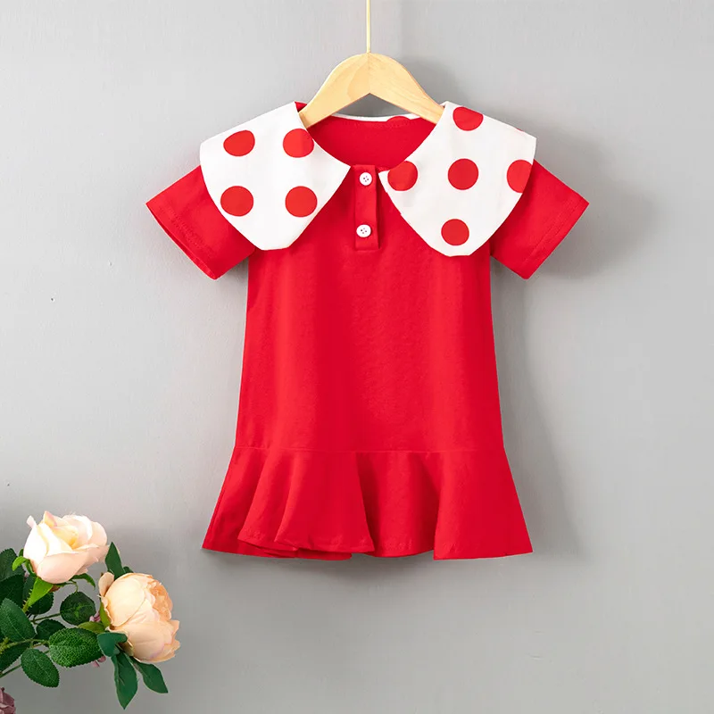 

2022 summer New Korean version sweet Wave point Doll collar Solid color Ruffle dresses toddler girl clothes