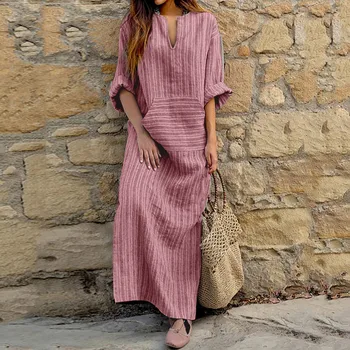 Summer Cotton Linen Long Dress Vintage Striped Casual Loose Maxi Dress Sundress Plus Size Boho Beach Vacation Dress For Women 1