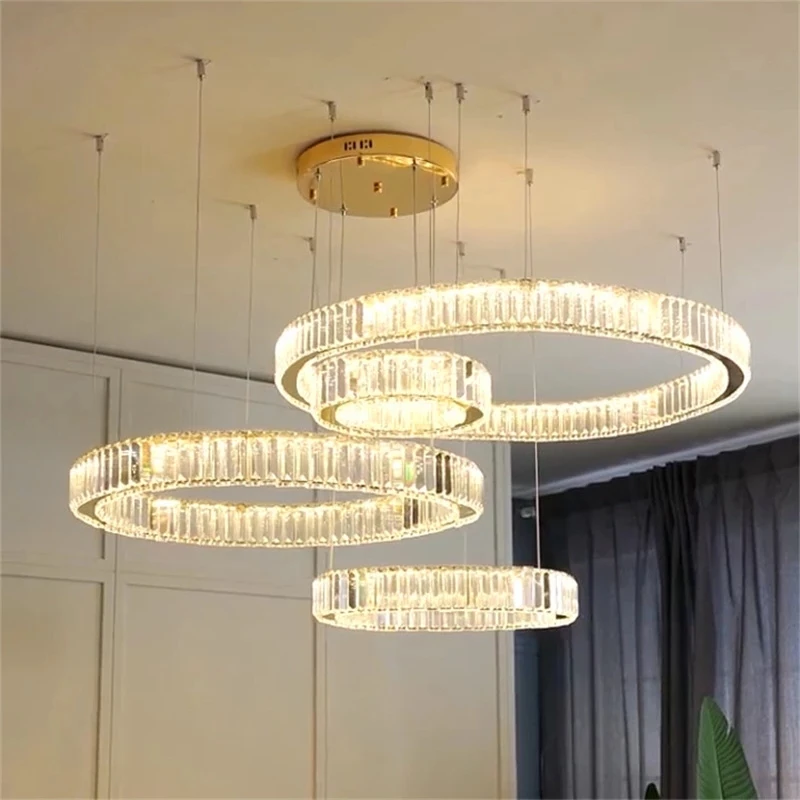 

New Modern Living Room Led Pendant Lights Luxury Lustre Crystal Chandelier Lamp Steel Circles Drop Light Suspend Lamp Fixtures