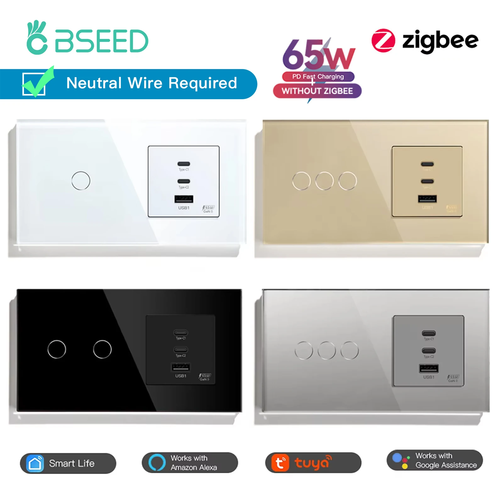 BSEED 1/2/3Gang 1/2/3Way Zigbee Light Switch Умные настенные сенсорные переключатели Tuya APP