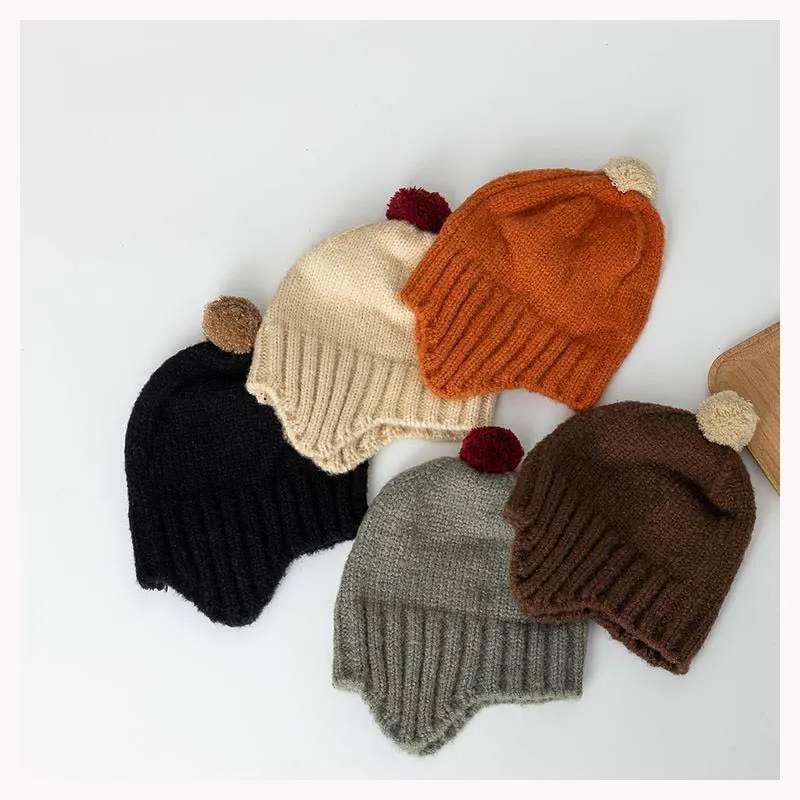 

Korea Baby Knitted Hats Cute Pom Pom Baby Ear Protection Hat Autumn Winter Boys Girls Beanie Caps Pullover Hat 2023