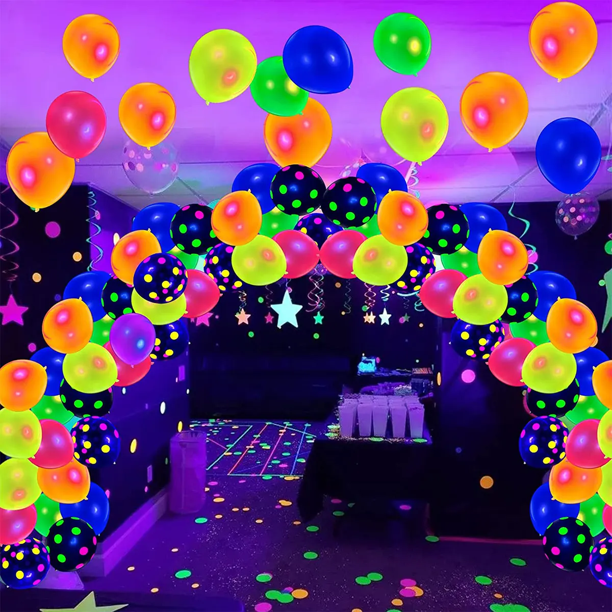 90Pcs Neon Balloons 12” UV Neon Glow Balloons Reusable Polka Dot Blacklight Balloons Glow in the Dark Latex Balloon Blacklight