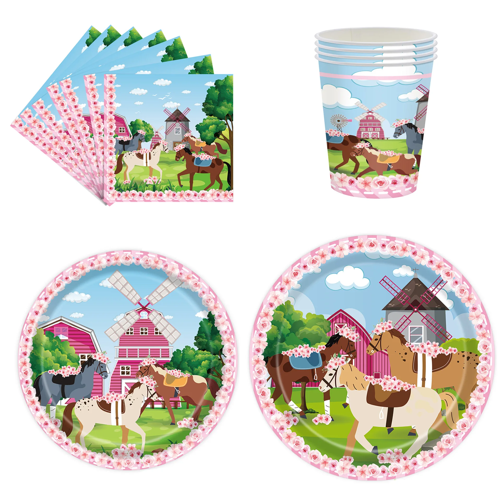 

10pcs Pink Rose Horse Disposable Tableware Sets Pastoral Style Steed Paper Plates Cups Happy Girls Birthday Party Supplies