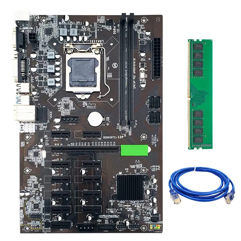 

Материнская плата B250 BTC для майнинга LGA 1151 с DDR4 4 Гб 2666 МГц ОЗУ + сетевой кабель RJ45 материнская плата 12 PCIE BTC ETH для майнинга