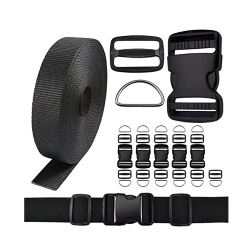 

A63I Buckles Straps Set 6 Yards Nylon Webbing Strap 6 Pc Quick Side Release Plastic Buckle 12Pcs Tri-Glide Slide Clip D Rings