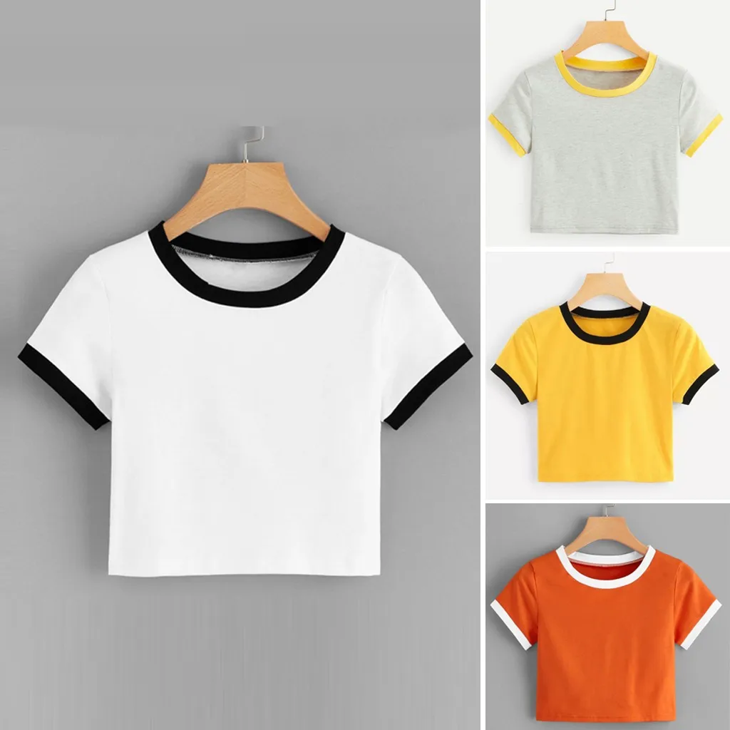 

Women Casual Solid Patchwork O-Neck Tees Shirt Short Sleeve T-Shirt Blouse Top