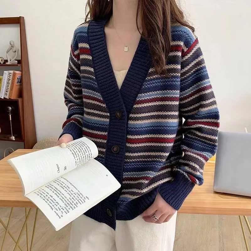 

2022 Autumn New Korean Version Loose V-neck Color Striped Soft Waxy Sweater Cardigan Knitted Sweater Jacket Top Women