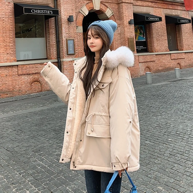 Women Fashion Fur Collar Hooded Loose Long Parkas Winter Coats Thick Cotton Padded Jackets Female Solid Loose Casual Overcoat