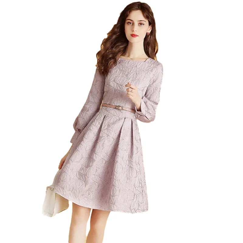 

Vintage Pink Jacquard Dress For Woman Autumn Winter Lantern Sleeves Slim A-line Belted Dresses Elegant Dresses Square Collar