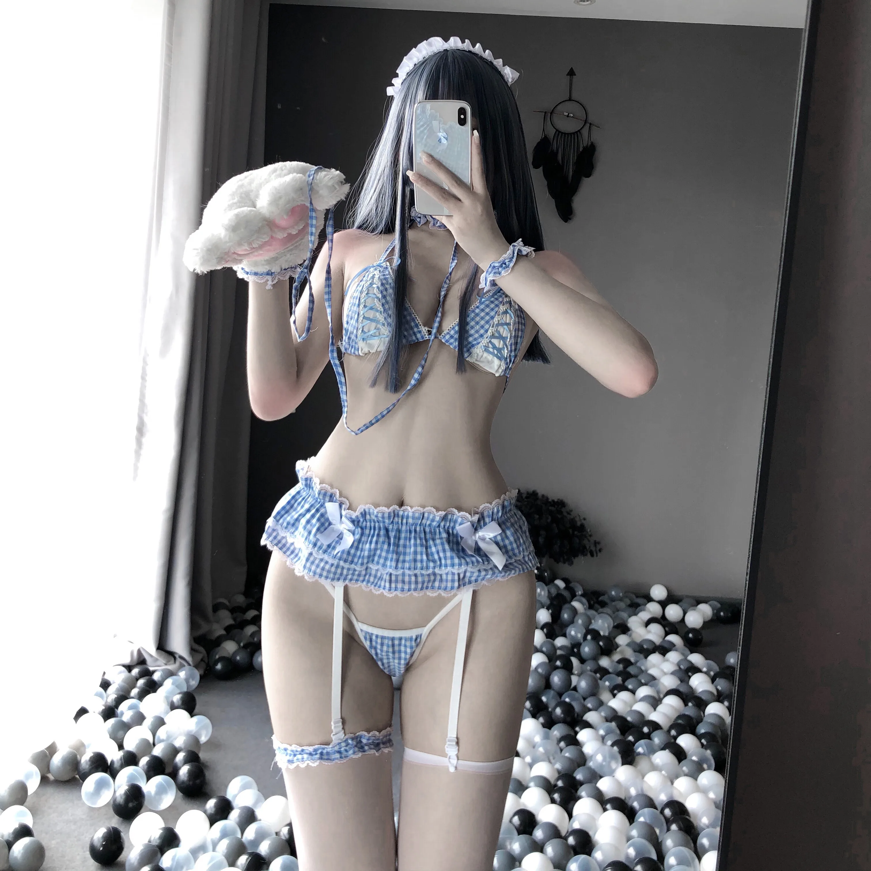 

Соблазнительное нижнее белье, костюмы горничной для косплея, Женский Соблазнительный комплект бикини в синюю клетку, мини-юбка, платье для ...