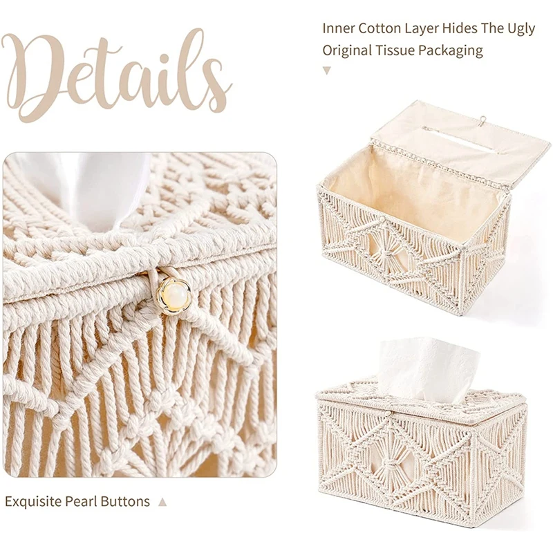 

Tissue Box Cover Boho Decor Rechthoekige Paper Tissue Holder Met Kraal Gesp Macrame Servet Weefsels Organizer Home Decor