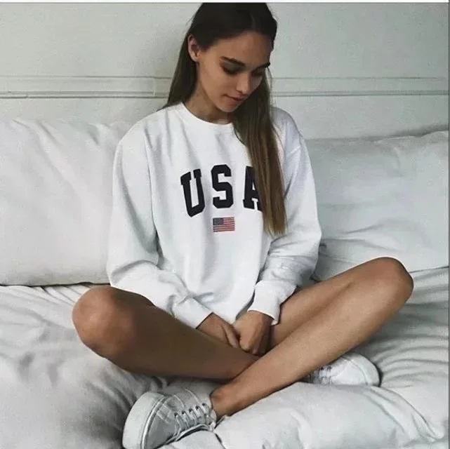 

50% Sale 2022 chest USA letter printed round neck Pullover loose long sleeve white sweater