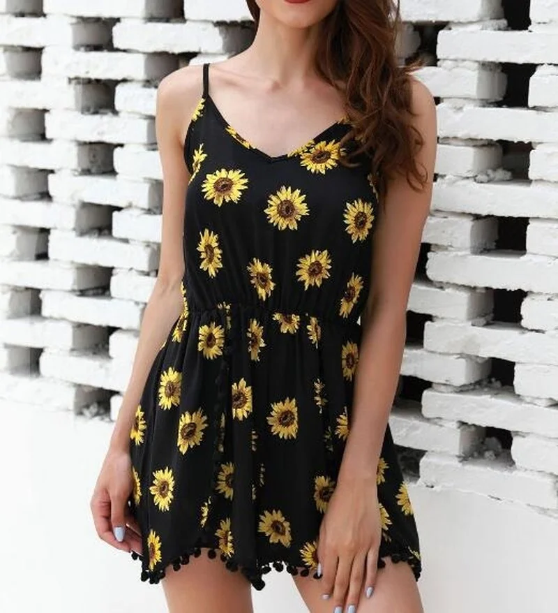 

Women Cottagecore Summer Sunflower Print Jumpsuit Casual Loose Short Sleeve V-neck Beach Rompers Sleeveless Bodycon Playsuits
