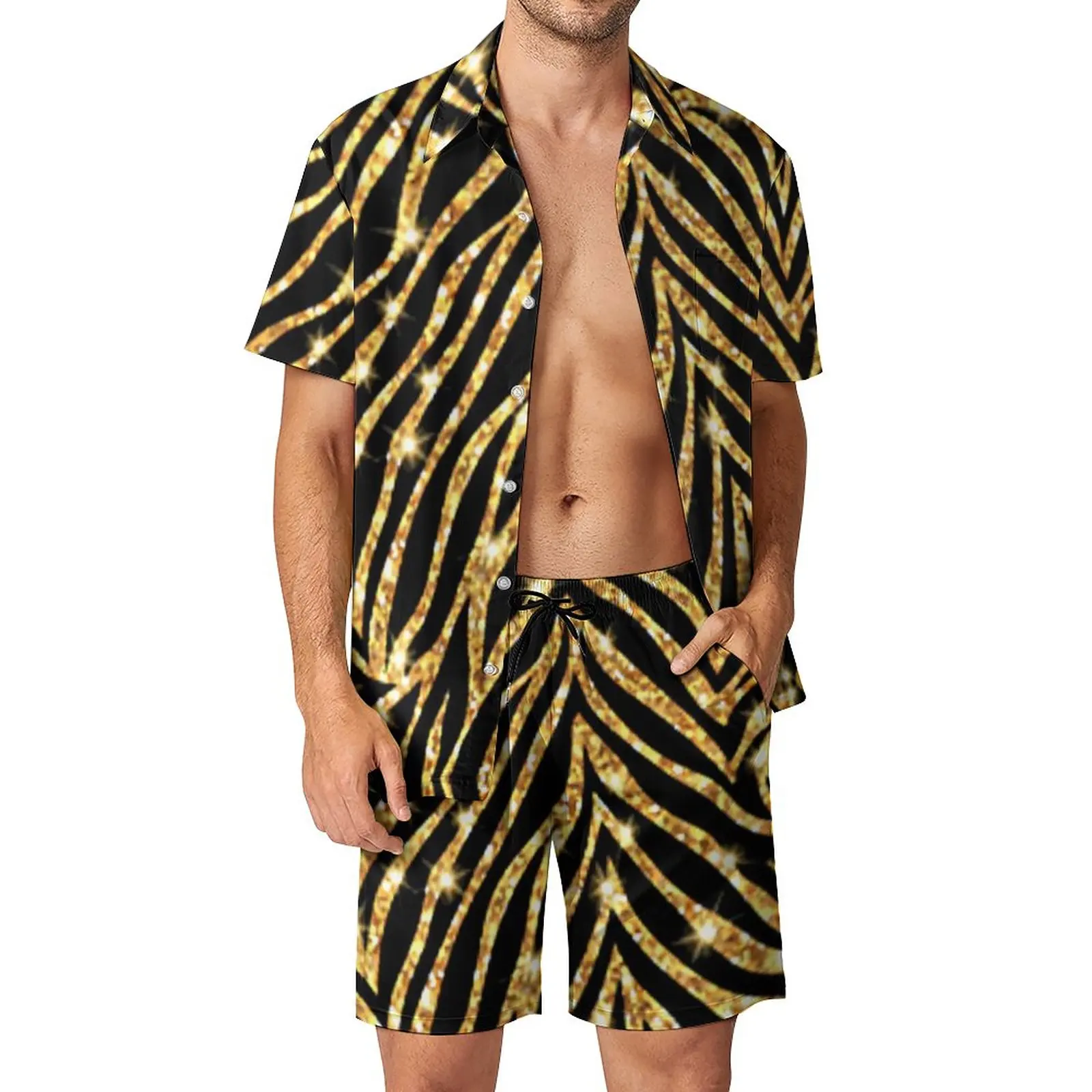

Black And Gold Zebra Men Sets Shiny Animals Print Casual Shirt Set Trendy Beach Shorts Graphic Suit Two-piece Clothing Plus Size