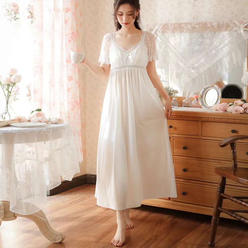 Sexy Lace Short Sleeve Night Dress Women Summer Cotton Long Peignoir Vintage Victorian Nightgown Fairy Nighty Princess Sleepwear