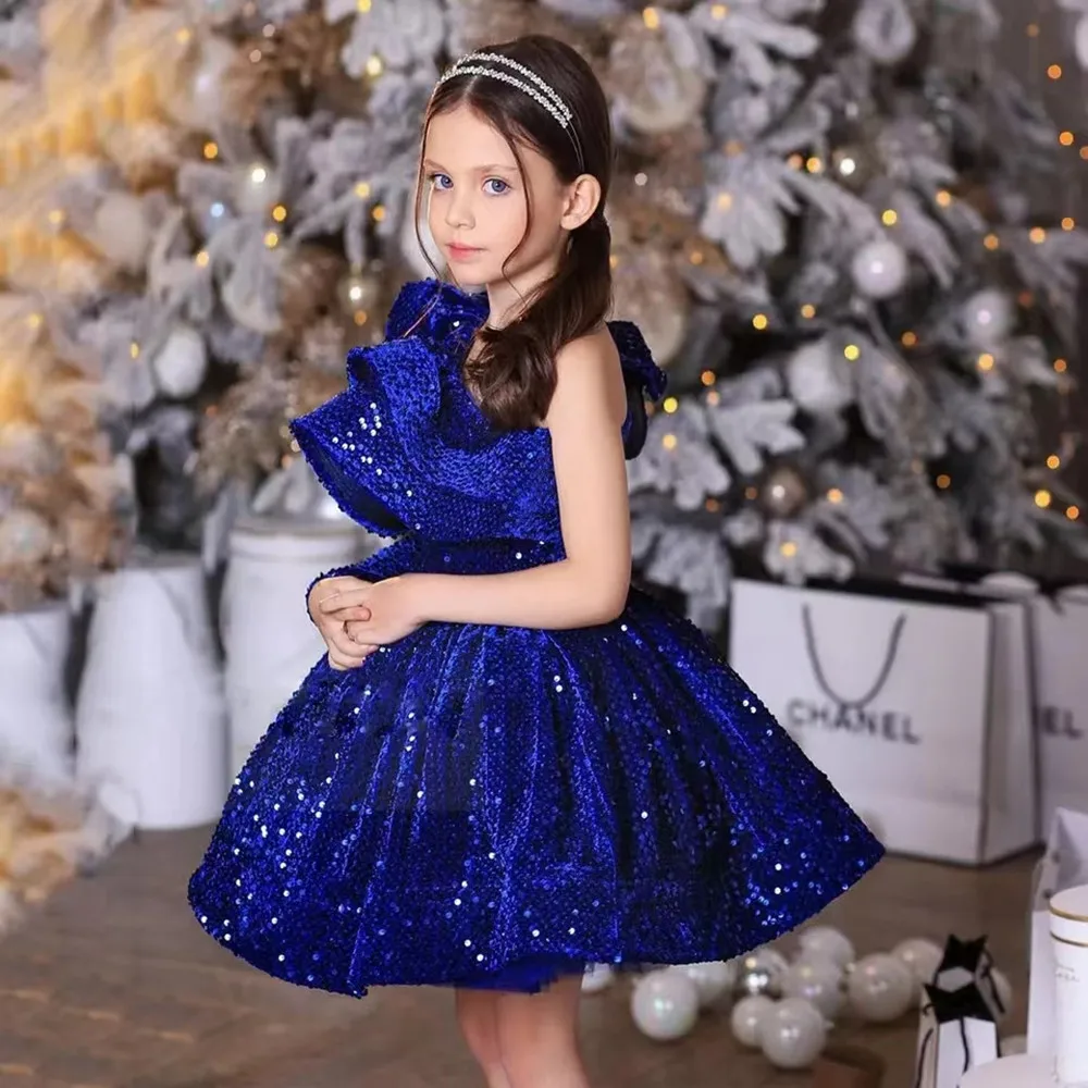 

Sparkling Kids Party Dresses One Shoulder Ruffles Mini Tutu Pageant Gowns Glitter Sequin Puff Birthday Flower Girl Dress