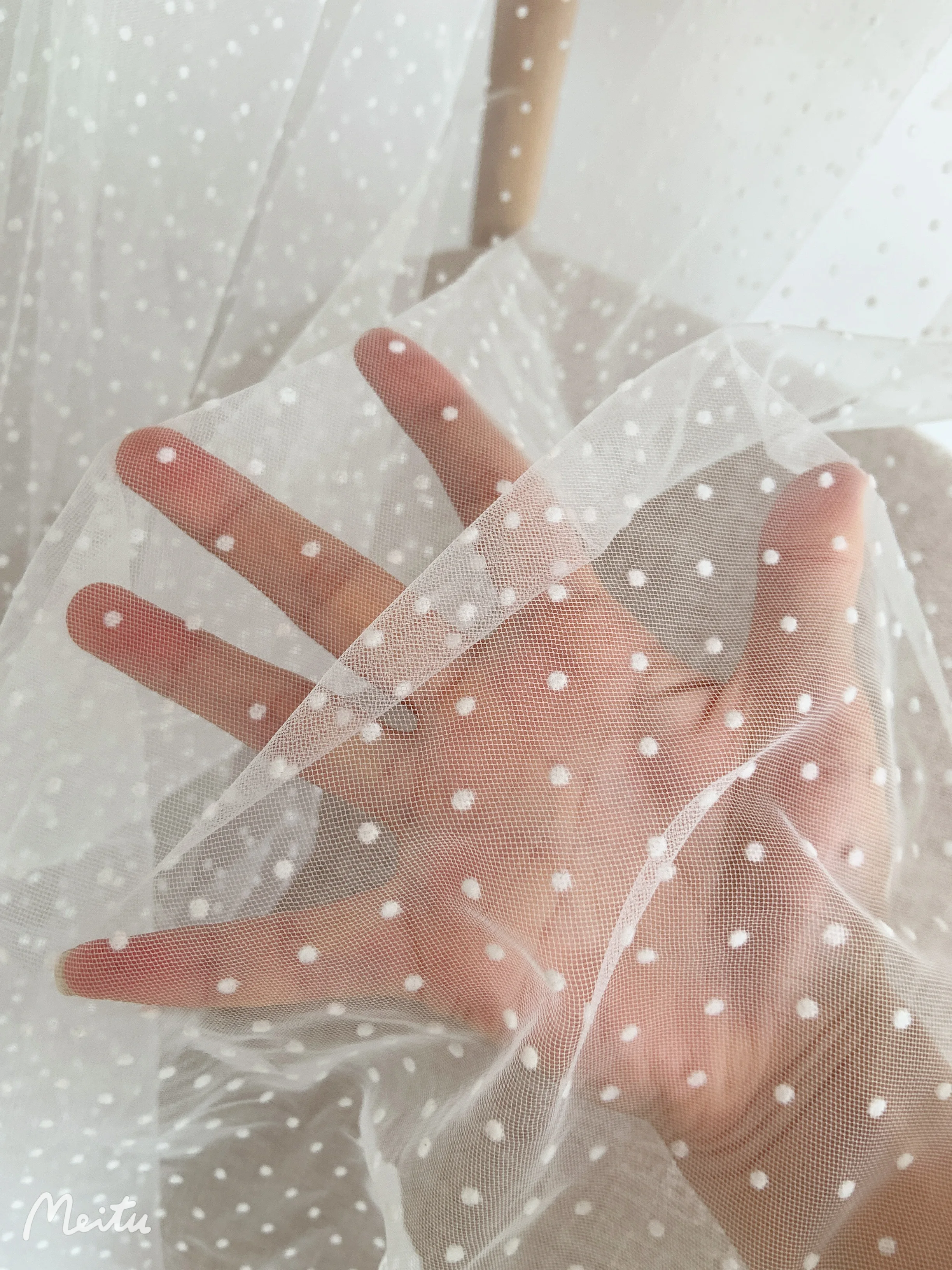

5 Yards Off White Tulle Lace Fabric with Velvet Polka Dot Flocking Points for Haute Dress,Bridal Veil,Shirt