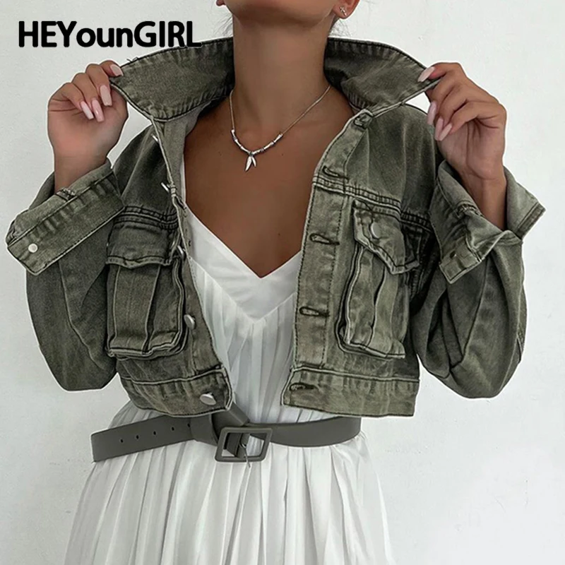 

Женская джинсовая куртка HEYounGIRL, винтажная укороченная куртка в стиле 90-х с карманами спереди и длинными рукавами, джинсовая уличная куртка в студенческом стиле