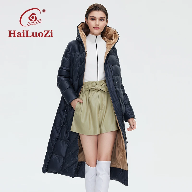 HaiLuoZi-Chaqueta larga hasta la rodilla para mujer, abrigo grueso con cinturón de diseño único, Parkas clásicas con capucha, moda de invierno, 2022