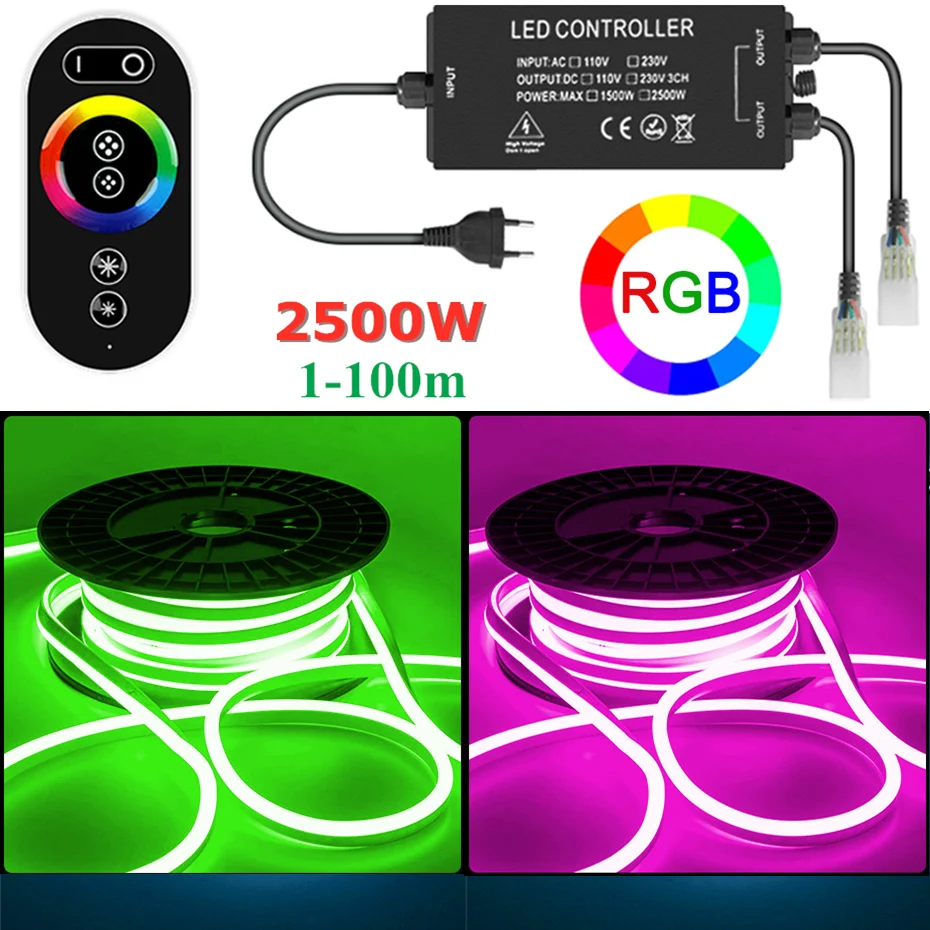 

IP67 Waterproof 220v RGB Neon Rope Light 1-100m RF Wireless Control 2500W Soft Flexible RGB Led Tape Strip 5050 Outdoor Lighting