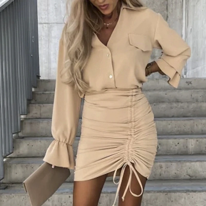 

Fashion Polo Neck Botton Shirt & Drawstring Skirt Outfits Women Elegant Solid Slim Set Casual Flared Long Sleeve Two Piece Suits
