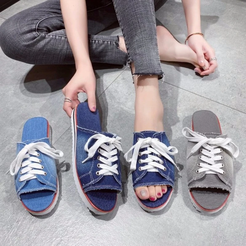 

Ladies Slippers Canvas Lace-up Open-toed New Flat-Bottom Casual Women Fashion Denim Beach Shoes New Summer Style35-43